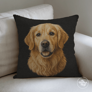 Cotton Throw Pillow with a golden retriever design on a white couch with The Blanket Shop Logo