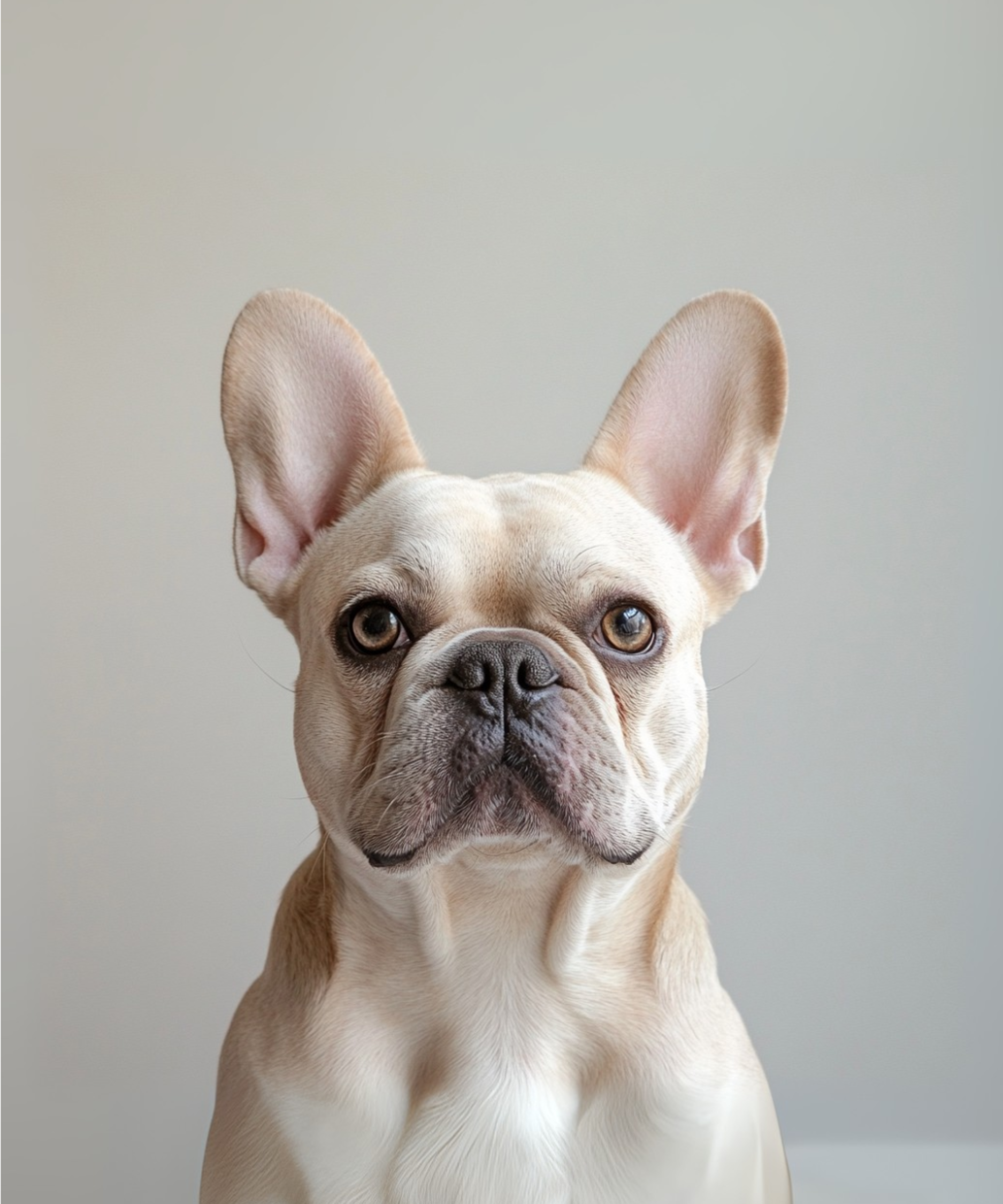 Beige French Bulldog sitting against a plain background