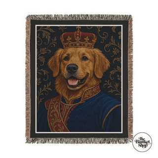Blanket with a dog wearing a crown and robe design, featuring 'The Blanket Shop' logo.