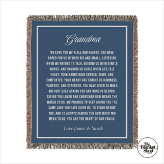 Blanket with text for Grandma on a blue background, featuring the brand 'The Blanket Shop'.