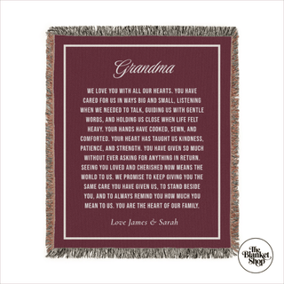 Burgundy Custom Throw Blanket with a message for 'Grandma' on a white background, featuring the brand 'The Blanket Shop'.