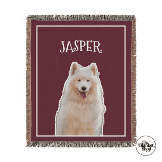 Custom throw blanket with a white dog illustration and 'Jasper' text on a red background