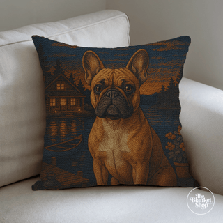Custom throw pillow featuring a french bulldog near a lake design on a white couch and The Blanket Shop Logo