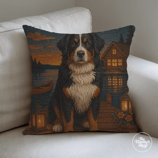 Custom throw pillow with a bernese mountain dog and lakeside scene on a couch with The Blanket Shop Logo