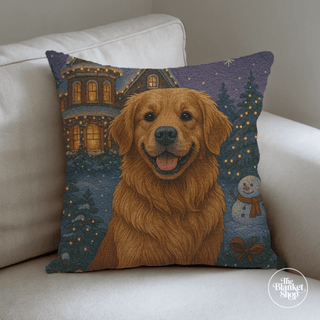 Custom throw pillow with a golden retriever and festive background on a white couch with The Blanket Shop Logo