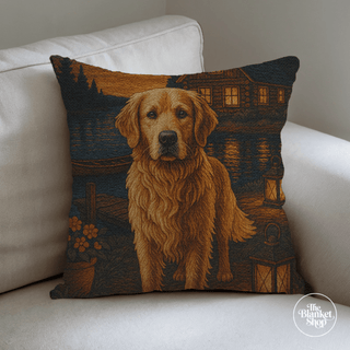 Custom throw pillow with a golden retriever near a lake woven design on a white couch with The Blanket Shop Logo