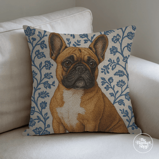 Decorative pillow with a dog design on a beige couch