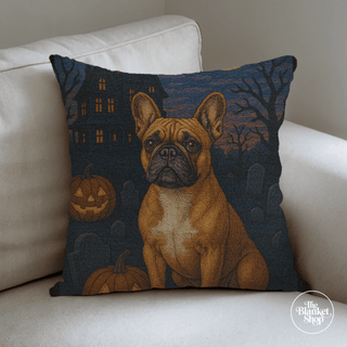 Decorative pillow with a halloween pug design on a beige couch with The Blanket Shop Logo
