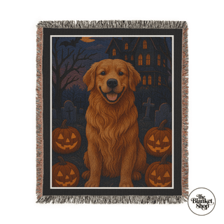 Halloween-themed custom throw blanket with a golden retriever and pumpkins, featuring 'The Blanket Shop' logo.