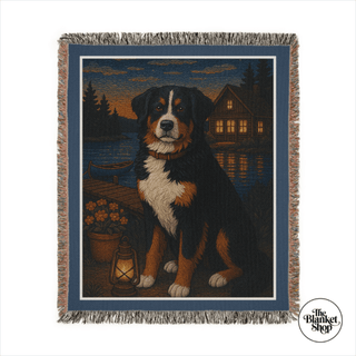 Personalized custom throw blanket with a bernese mountain dog and a lakeside retreat setting with The Blanket Shop Logo