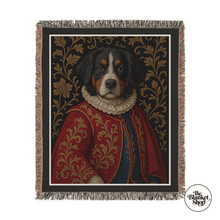 Personalized Throw Blanket with a dog portrait design featuring ornate patterns and The Blanket Shop logo.