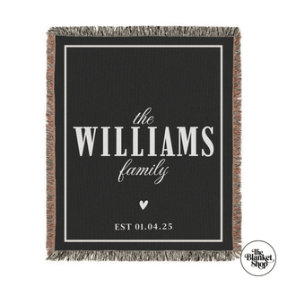 Personalized blanket with customizable text and date on a black background