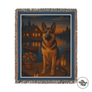 Personalized custom throw blanket with a german shepard dog and a lakeside retreat setting with The Blanket Shop Logo