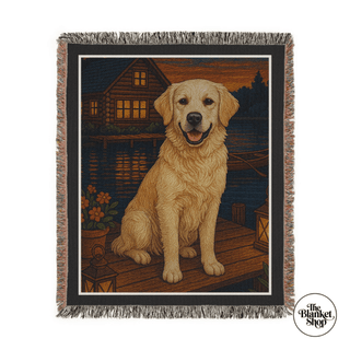 Personalized custom throw blanket with a white labrador retriever dog and a lakeside retreat setting with The Blanket Shop Logo