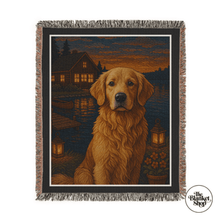Personalized custom throw blanket with a dog and a lakeside retreat setting with The Blanket Shop Logo