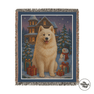 Personalized throw blanket with a Samoyed dog, Christmas tree, and house design, featuring 'The Blanket Shop' logo.