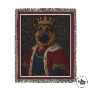 Personalized throw blanket with a dog and in royal attire with The Blanket Shop Logo