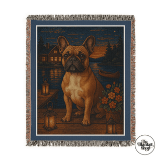 Personalized throw blanket with a dog design featuring a house, lantern, and flowers with a blue border and The Blanket Shop Logo