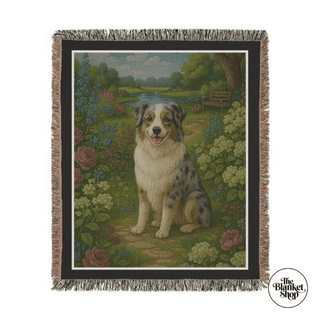 Personalized throw blanket with a dog in a garden scene, featuring 'The Blanket Shop' logo.