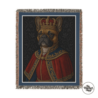 Personalized throw blanket with a dog wearing a crown and red robe design, branded 'The Blanket Shop'.
