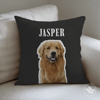 Pillow with a golden retriever's face and name 'Jasper' on a beige couch.