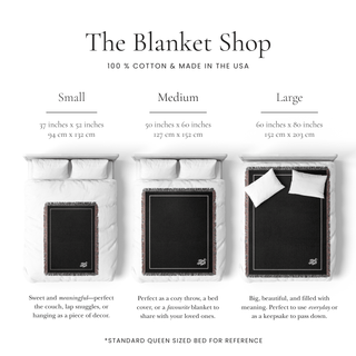Size chart for blankets from The Blanket Shop with sizes Small, Medium, and Large.