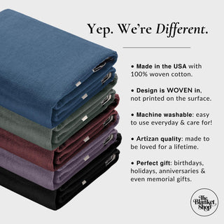 Stack of custom cotton throw blankets with text about woven blanket features from The Blanket Shop