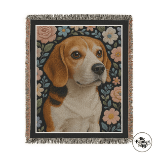 Woven cotton floral blanket with a beagle dog design and floral border, featuring 'The Blanket Shop' logo.