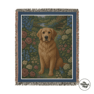 Personalized throw blanket with a dog and floral design, featuring 'The Blanket Shop' logo.
